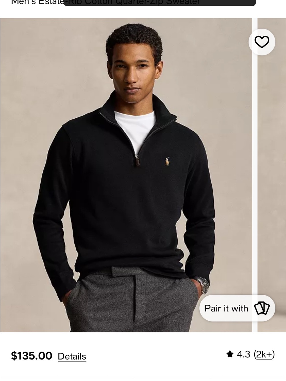 Ralph Lauren Black Men's Zip-Neck Sweater with Pony Logo